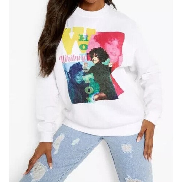 Boohoo Whitney Houston White Pullover Sweatshirt Graphic Top Cotton Women's‎ M - Picture 1 of 9